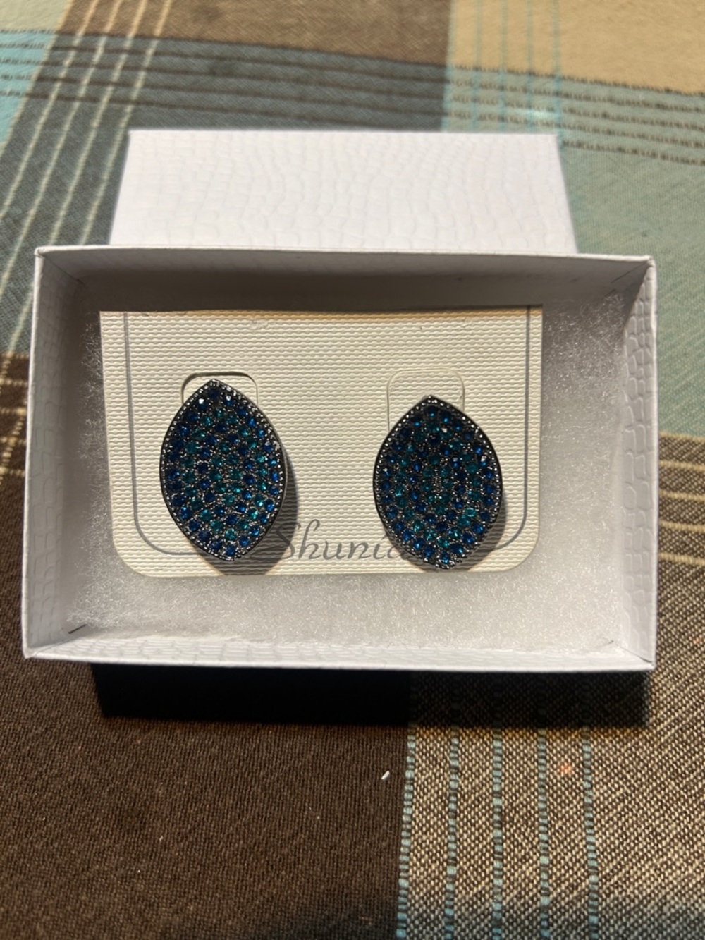 SHUN Teardrop Pavé Stud Earrings in Blue-Green Sparkle
